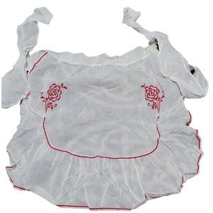 Half Apron Sheer White Cotton Red Ric Rac Red Embroidered Roses Long Ties Vtg